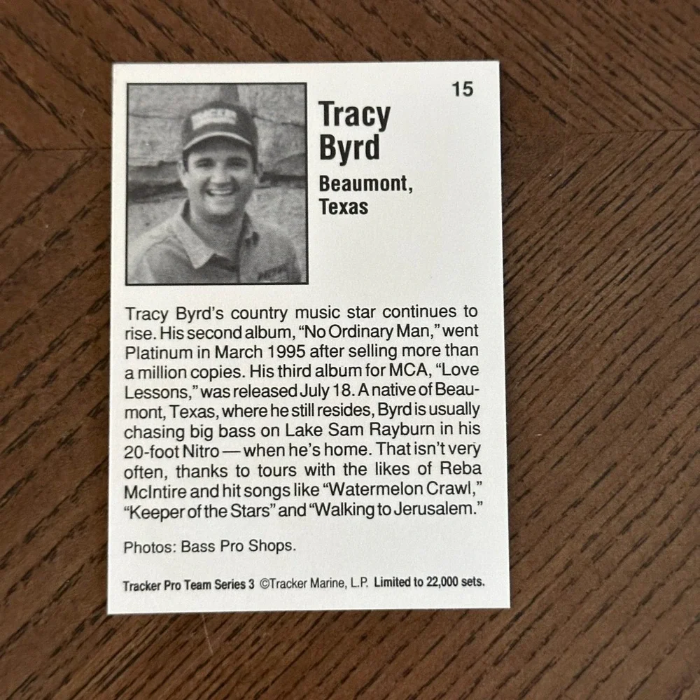 Vintage Tracy Byrd Tracker Pro Team Series Fishing Trading Card Country Music